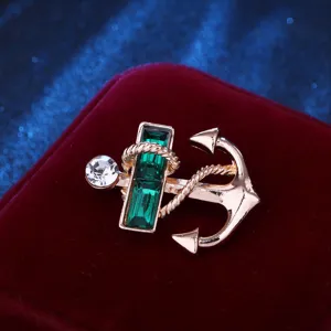 Classic navy style anchor brooch for men coat, luxury green crystal pin jewelry accessory.