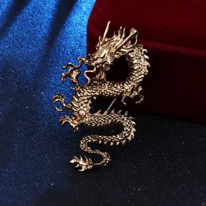 Broche de dragon de estilo chino vintage, pin de solapa de metal dorado para hombre.