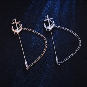 Korean style anchor stick pin brooch for men suit collar chain jewelry accessory gold silver