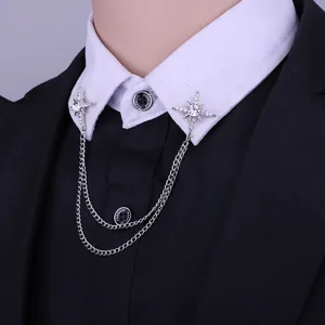 Korean style fashion rhinestone star collar pin double chain shirt brooch for unisex