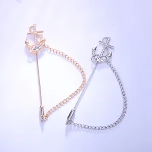 Anchor lapel pin set, gold and silver alloy chain brooch, stylish suit accessory for men.