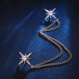 Double star tassel collar pin with rhinestones, golden metal shirt brooch chain accessory.
