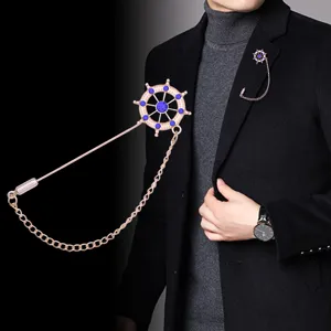 Vintage Men Nautical Rudder Anchor Brooch Pin Alloy Rhinestone Lapel Pin With Chain For Suit Wedding Party Jewelry Gift