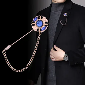 Broche vintage or rose longue épingle cristal bleu costume revers chaîne gland bijoux homme
