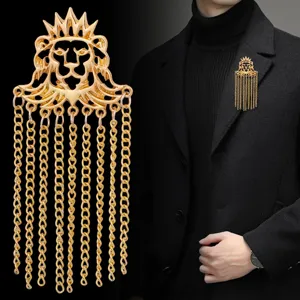 Vintage Legierung Löwenkopf Krone Brosche Mit Quastenkette Metall Abzeichen Pins Für Herren Damen Anzug Jacke Kostüm Zubehör