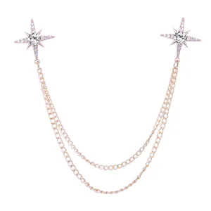 Crystal starburst collar chain brooch, elegant rose gold double layer shirt collar pin fashion.