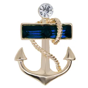 Gold Tone Anchor Brooch with Blue Crystal Rhinestone Nautical Suit Jacket Pin Badge