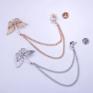 Broches borla cadena alas de ángel, pasadores solapa traje pedrería metal oro plata.