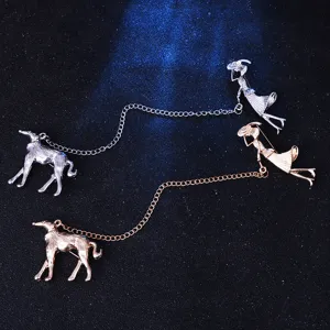 Elegant women dog walking brooch set, metal chain linked lady and hound pin badge for pet lovers.