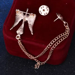 Broche épingle ailes d'ange dorées pour homme avec chaîne pompon veste mode bijoux