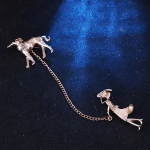 Gold-tone elegant lady walking dog brooch pin with stylish chain fashion apparel accessory