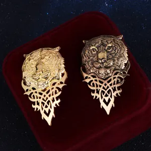 Men vintage tiger head brooch pin set metallic gold retro suit collar accessories jewelry