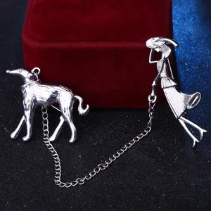 Silver tone lady walking dog brooch alloy lapel pin cute animal jewelry accessory for women