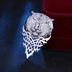 Vintage silver tiger head brooch men lapel pin gothic punk suit accessory detail shot