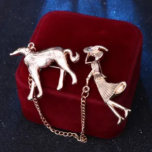 Golden metal walking dog lady brooch pin set with chain for women jacket apparel decor