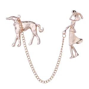 Gold Woman Walking Dog Brooch Alloy Chain Animal Lapel Pin Coat Badge Jewelry Gift