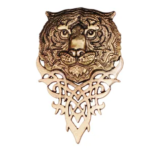 Vintage brass tiger head brooch for men, retro tribal metal lapel pin suit accessory.