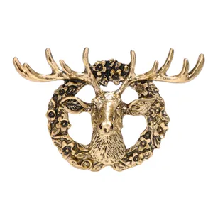 Vintage 3D deer head brooch pin, antique gold alloy wreath badge for suit jacket accessories