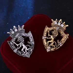 Spilla vintage leone scudo stile corte corona strass accessorio abito per uomo e donna