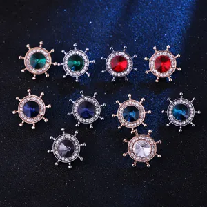 Classic navy style ship wheel rhinestone brooch pin vintage suit lapel accessories for men