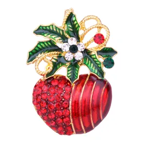 Wunderschöne Weihnachts-Strassbrosche mit grünen Blättern und roten Kristallen für festlichen Look.