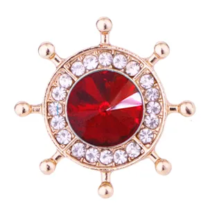 Gold ship helm brooch with red crystal and white rhinestones naval lapel pin for men suits