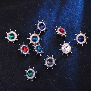 Mini ship wheel brooch pin set, vintage nautical lapel pin with sparkling rhinestones and crystals.