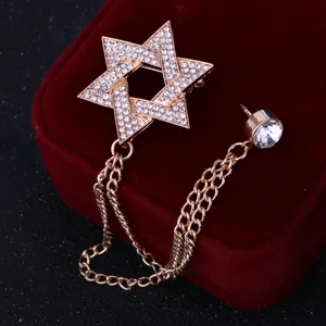 Broche estrella pedrería hombre vintage tono oro cadena borla traje pin joya moda