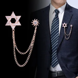 Broche de Estrella Hexagrama de Aleación de Estrás de Estilo Coreano para Hombre Cadena de Borlas Pin de Sol Joyería