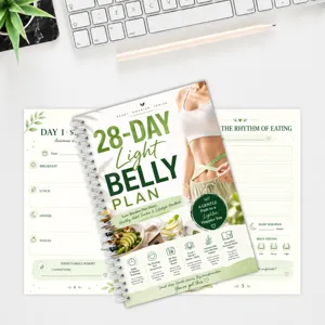 Quaderno a spirale 28-Day Light Belly Plan per monitoraggio dieta, abitudini e obiettivi quotidiani.