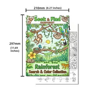Poster da colorare e libro di ricerca sulla foresta pluviale per bambini, attività divertente.