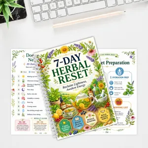 Vista dettagliata di un taccuino planner per la pulizia a base di erbe con illustrazioni botaniche.