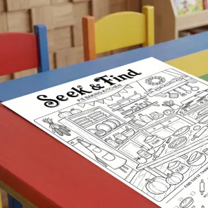 Detail shot of children coloring poster with pie baking kitchen theme for fun find and seek games.