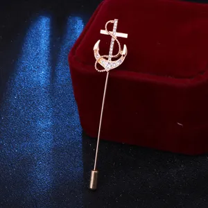 Men's fashion gold tone nautical anchor lapel pin brooch rhinestone suit jacket accessory