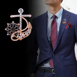 Broche Náutico de Ancla y Timón Para Hombre Aleación Diamantes de Imitación Pin de Solapa de Traje Moda Negocios Joyería