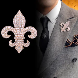 Vintage Zinc Alloy Fleur-de-lis Brooch Full Rhinestone Exquisite Men Suit Lapel Pin Decorative Brooch Badges For Banquet Party Jewelry