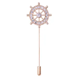 Stylish rose gold ship wheel lapel pin with sparkling rhinestones for men suit and blazer.