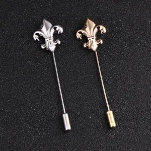 Retro fleur-de-lis long lapel pin suit accessory, elegant silver and rose gold metal badge.