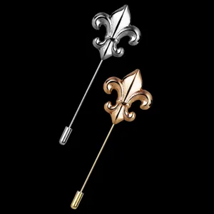 Vintage silver gold tone metal lapel pin brooch with classic fleur-de-lis design for men suit.