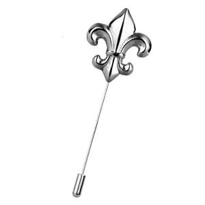 Silver fleur-de-lis long lapel pin suit accessory detailed view for men fashion style