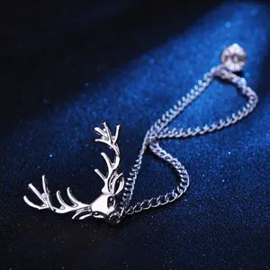 Vintage zilveren eland hert broche speld met kwastketting voor heren pak shirt kraag mode sieraden.