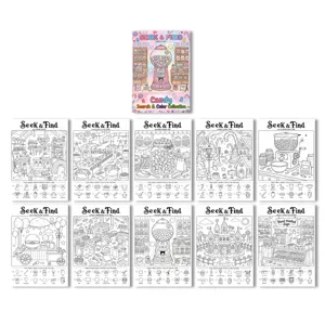 Kids candy theme seek and find coloring book set with 10 fun coloring sheets and colorful cover.
