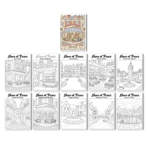 Vista detallada del conjunto de páginas del libro para colorear de calles de la ciudad europea.