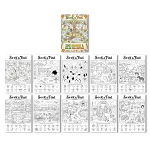 Kids zoo seek and find coloring poster book, fun animal activity sheet set for children.