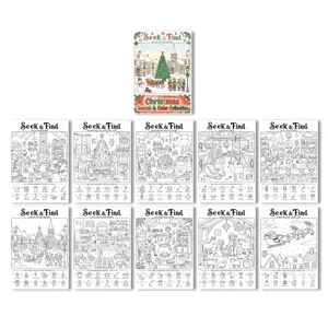 Vista detallada del libro para colorear navideño, póster festivo de búsqueda infantil.