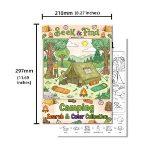 Vista dettagliata del poster da colorare di campeggio per bambini con illustrazioni.