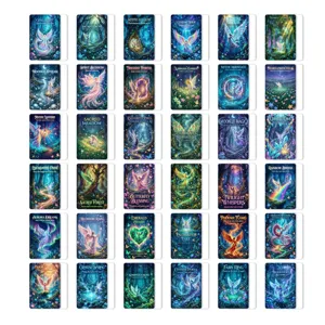 Vista dettagliata di 36 carte oracolo di angeli fantasy magici con illustrazioni.