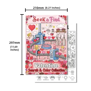 Poster de coloriage Cherche et Trouve Saint-Valentin pour enfants, format A4 art mignon.