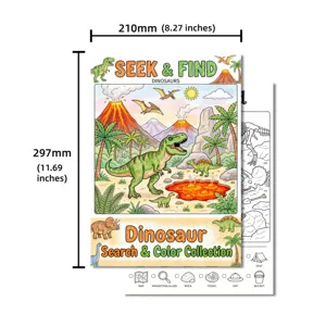 Poster da colorare dinosauri cerca e trova formato A4 libro di attività educative per bambini.