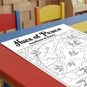Poster da colorare per bambini, design con rondini e nuvole per pittura e attività creative.